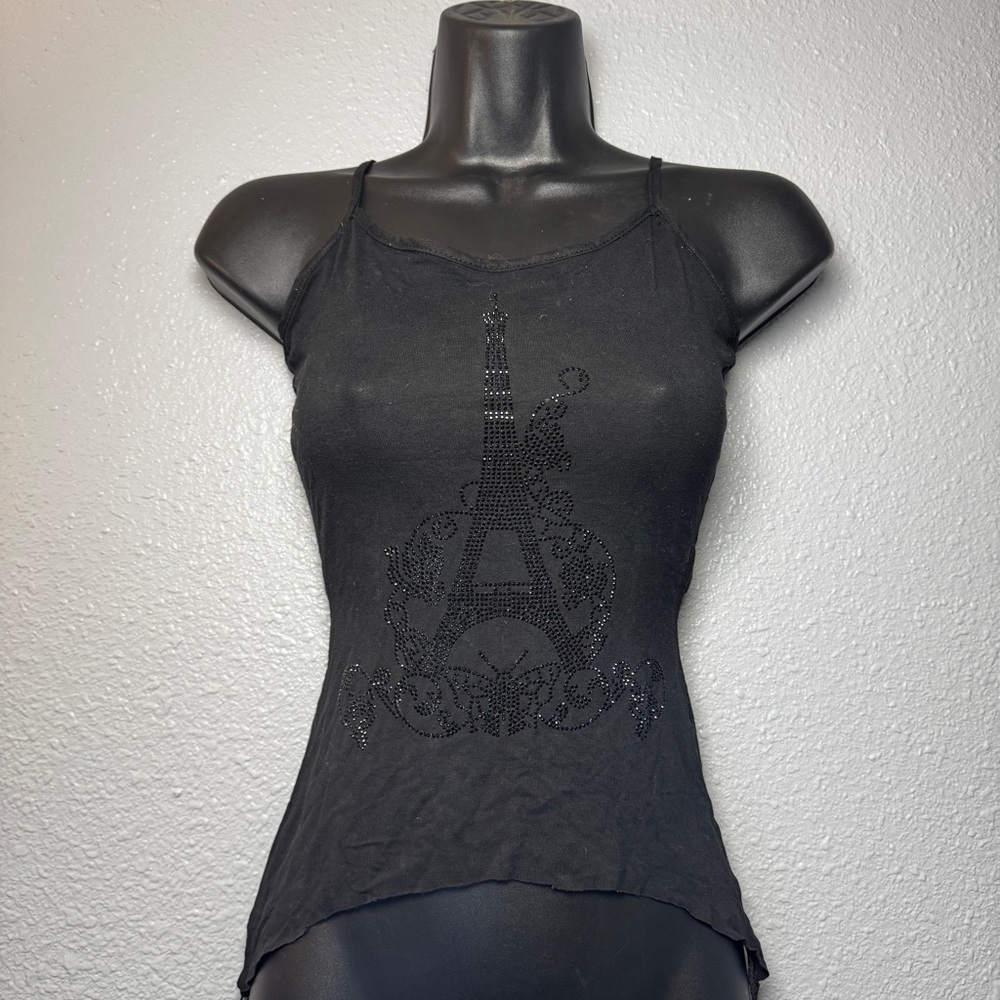 Women's Paris black Bling Tank Top Sequins Eiffel Tower print asymmetrical Shirt